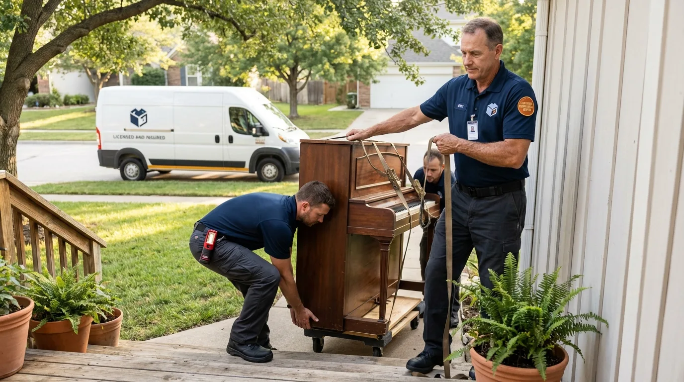 Licensed piano movers securing grand piano in Verona, MS